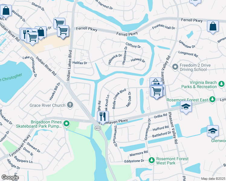 map of restaurants, bars, coffee shops, grocery stores, and more near 1422 Oak Knoll Court in Virginia Beach