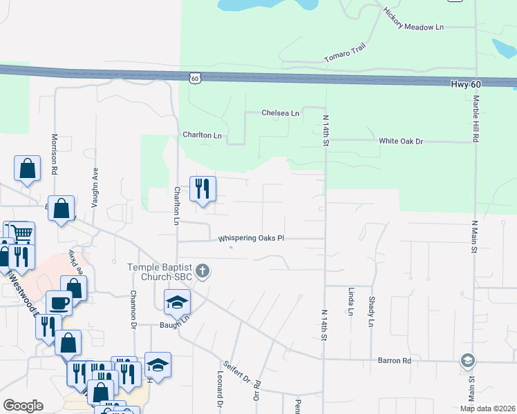 map of restaurants, bars, coffee shops, grocery stores, and more near 2841 Karmen Lane in Poplar Bluff