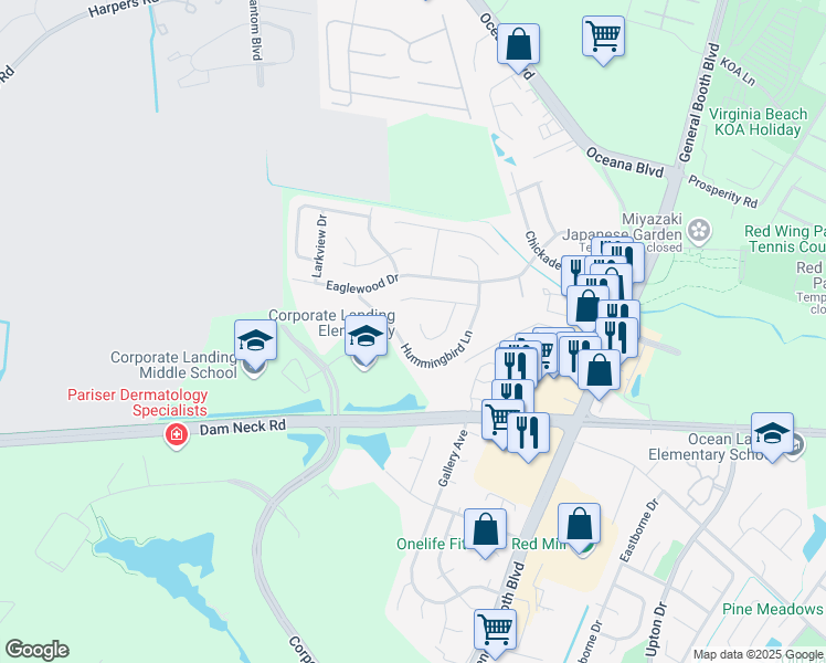map of restaurants, bars, coffee shops, grocery stores, and more near 1534 Snowbird Court in Virginia Beach