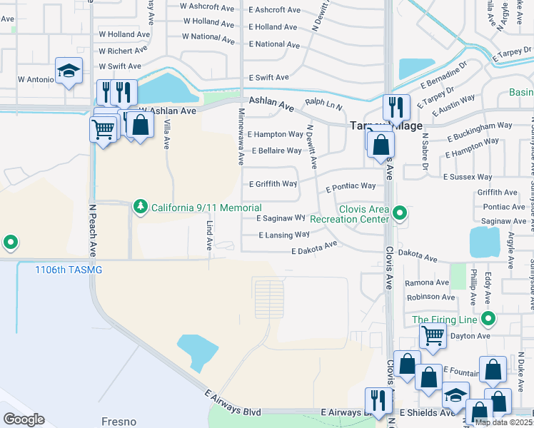 map of restaurants, bars, coffee shops, grocery stores, and more near 5433 East Saginaw Way in Fresno