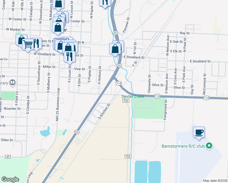 map of restaurants, bars, coffee shops, grocery stores, and more near 370 South Kitchen Street in Dexter