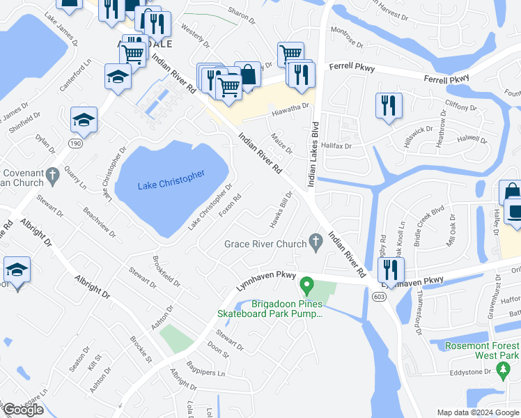 map of restaurants, bars, coffee shops, grocery stores, and more near 5120 Eagle Run Road in Virginia Beach