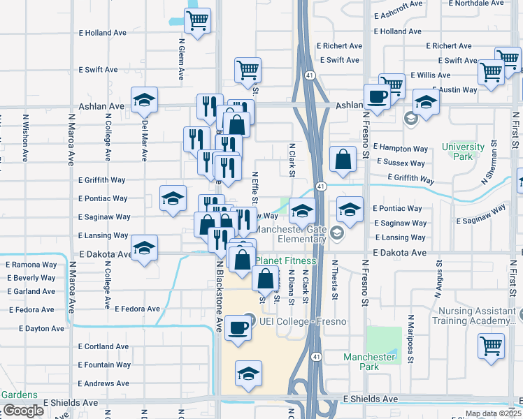 map of restaurants, bars, coffee shops, grocery stores, and more near 1911 East Saginaw Way in Fresno