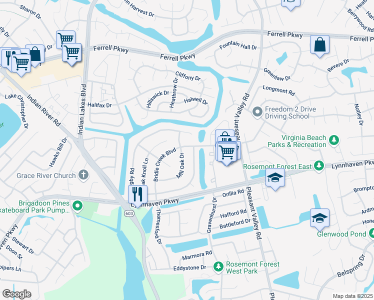 map of restaurants, bars, coffee shops, grocery stores, and more near 1428 Bridle Creek Boulevard in Virginia Beach
