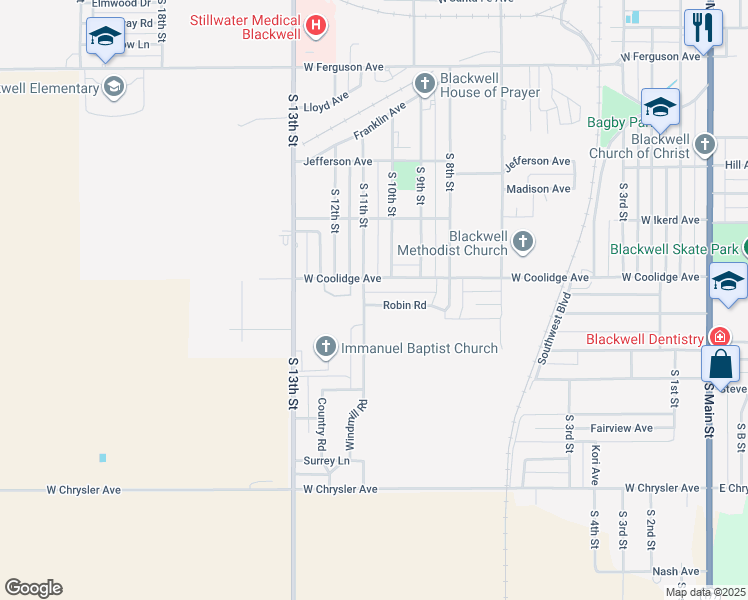 map of restaurants, bars, coffee shops, grocery stores, and more near 950 Robin Road in Blackwell