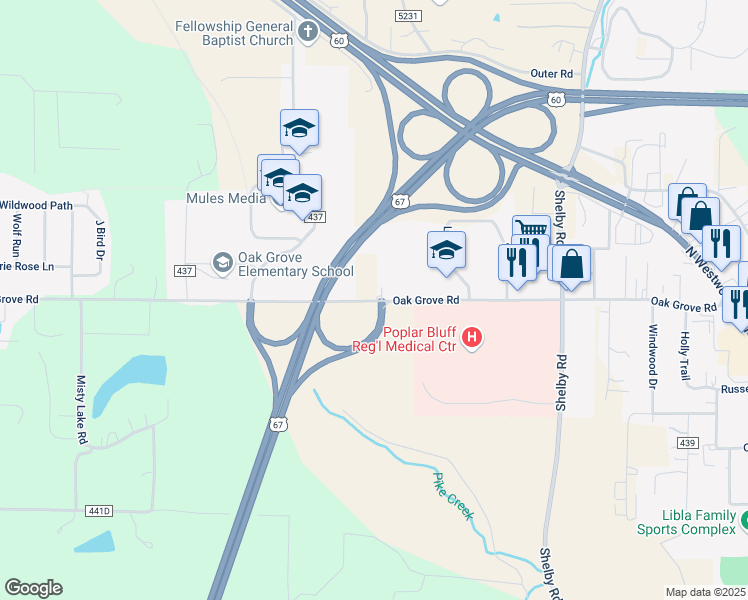 map of restaurants, bars, coffee shops, grocery stores, and more near 3297 Oak Grove Road in Poplar Bluff