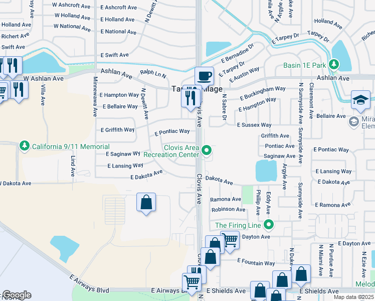 map of restaurants, bars, coffee shops, grocery stores, and more near 5561 East Lansing Way in Fresno