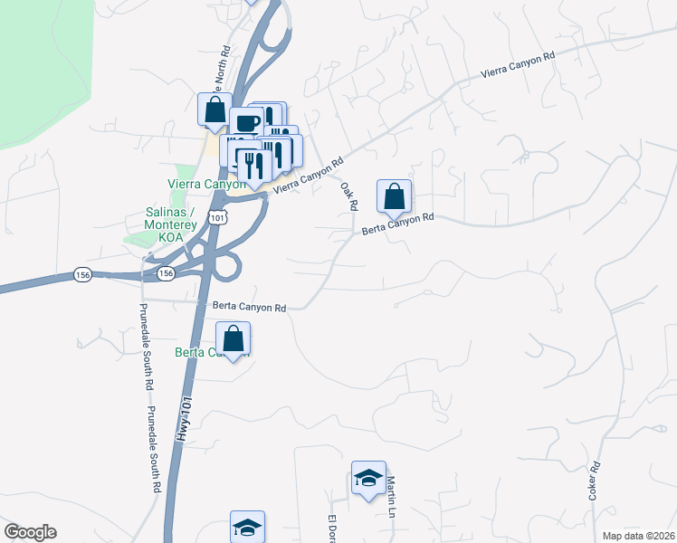 map of restaurants, bars, coffee shops, grocery stores, and more near 17780 Berta Canyon Road in Salinas