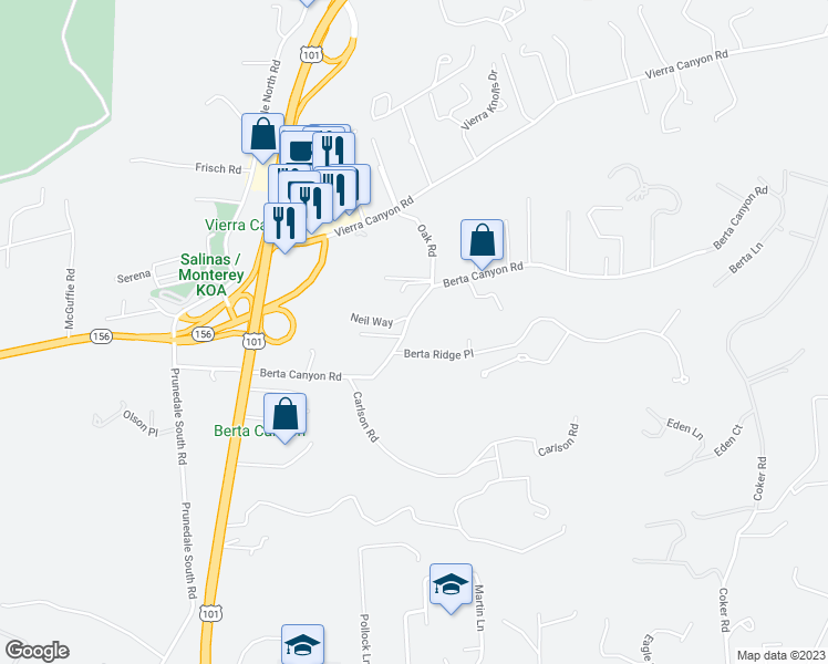 map of restaurants, bars, coffee shops, grocery stores, and more near 17780 Berta Canyon Road in Salinas