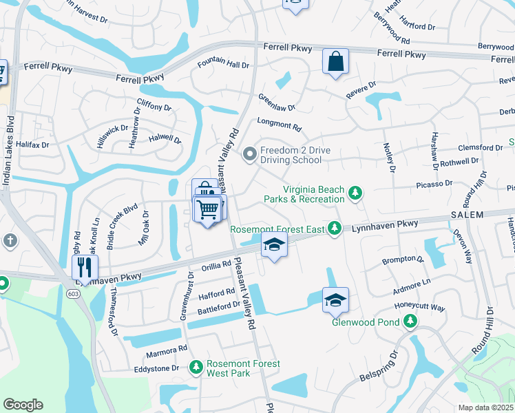 map of restaurants, bars, coffee shops, grocery stores, and more near 1235 Quarter Way in Virginia Beach