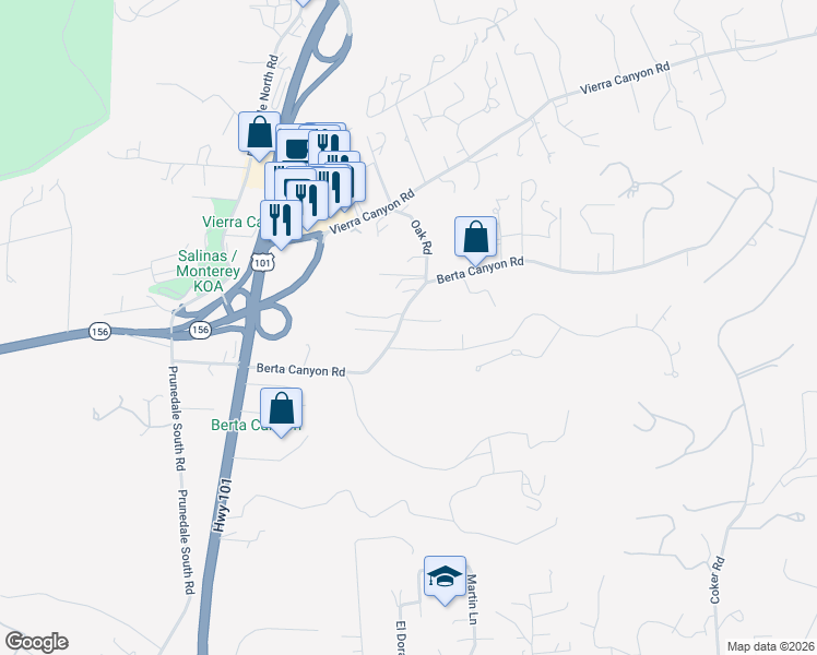 map of restaurants, bars, coffee shops, grocery stores, and more near 17780 Berta Canyon Road in Salinas