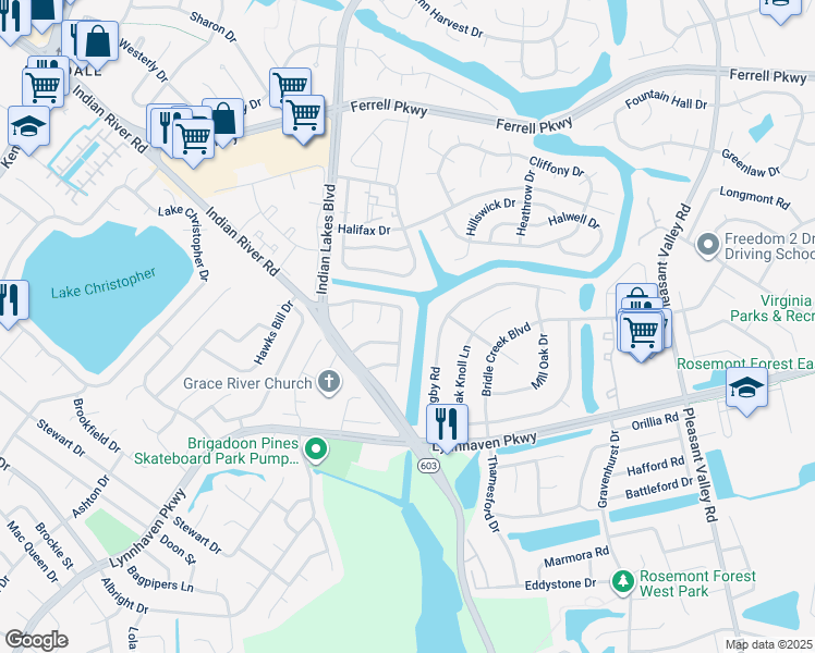 map of restaurants, bars, coffee shops, grocery stores, and more near 5168 Settlers Park Drive in Virginia Beach