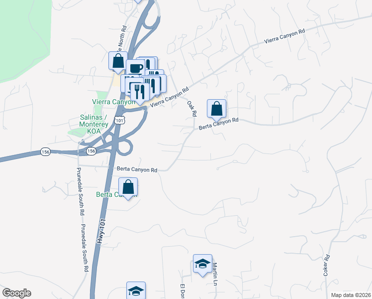 map of restaurants, bars, coffee shops, grocery stores, and more near 17780 Berta Canyon Road in Salinas