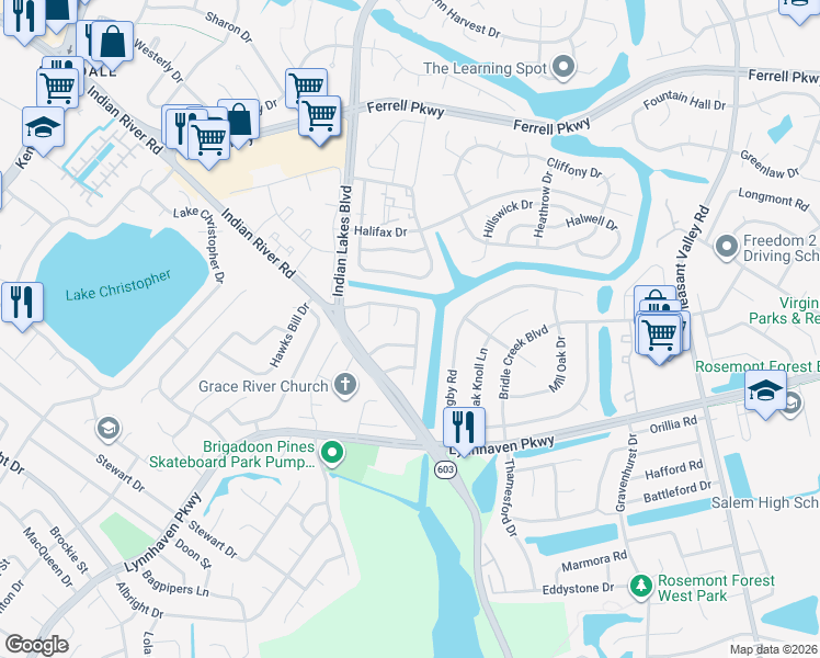 map of restaurants, bars, coffee shops, grocery stores, and more near 5202 Settlers Park Drive in Virginia Beach