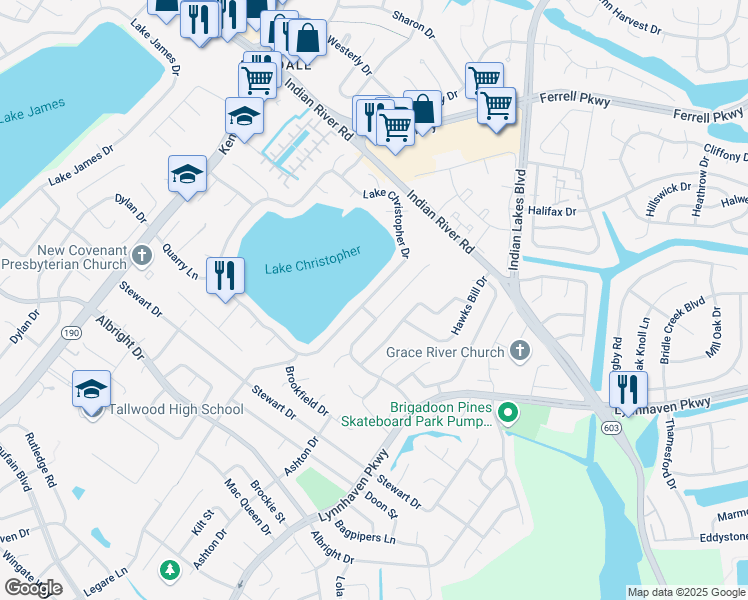 map of restaurants, bars, coffee shops, grocery stores, and more near 1705 Lake Christopher Drive in Virginia Beach