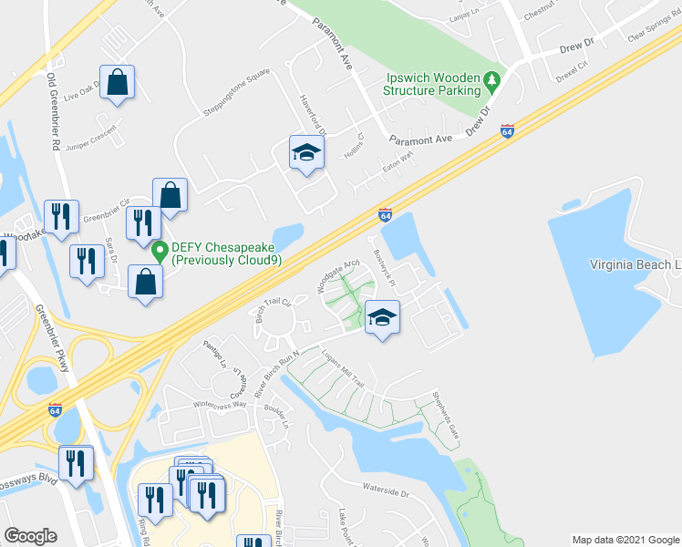 map of restaurants, bars, coffee shops, grocery stores, and more near 1945 Woodgate Arch in Chesapeake