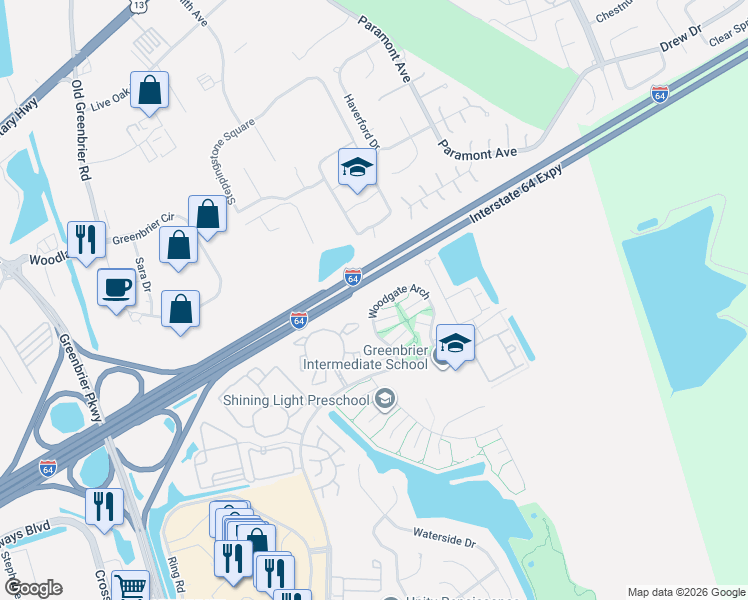 map of restaurants, bars, coffee shops, grocery stores, and more near 1918 Woodgate Arch in Chesapeake