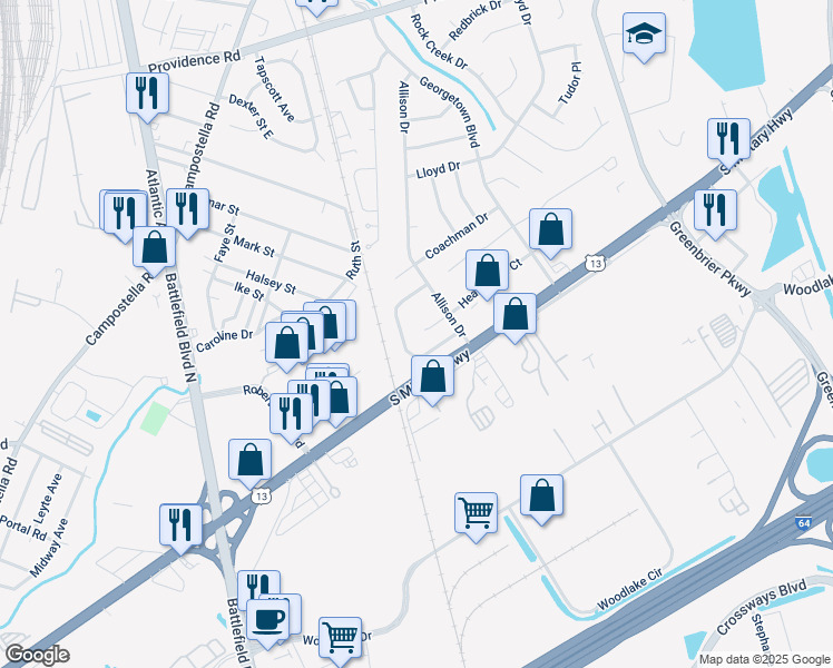 map of restaurants, bars, coffee shops, grocery stores, and more near 1832 Hearthside Court in Chesapeake