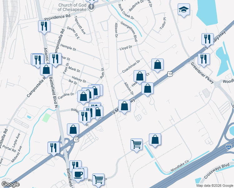 map of restaurants, bars, coffee shops, grocery stores, and more near 1832 Hearthside Court in Chesapeake