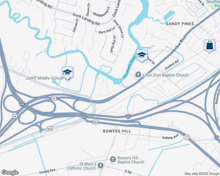 map of restaurants, bars, coffee shops, grocery stores, and more near 904 Flintfield Crescent in Chesapeake