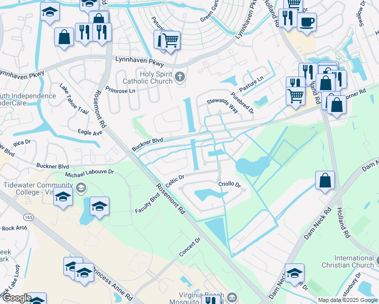 map of restaurants, bars, coffee shops, grocery stores, and more near 3701 Light Horse Loop in Virginia Beach