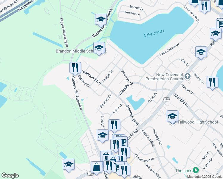 map of restaurants, bars, coffee shops, grocery stores, and more near 1709 Pompey Court in Virginia Beach