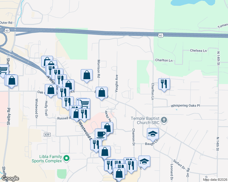 map of restaurants, bars, coffee shops, grocery stores, and more near 2841 Vaughn Avenue in Poplar Bluff