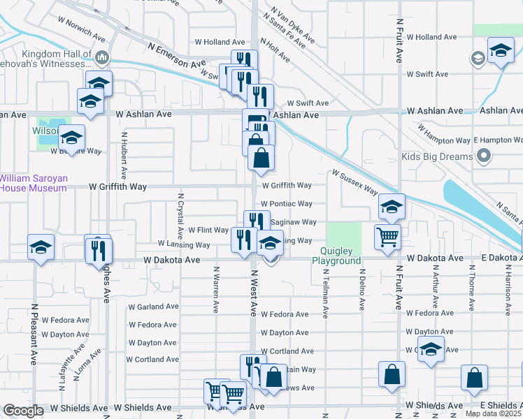 map of restaurants, bars, coffee shops, grocery stores, and more near 1233 West Pontiac Way in Fresno