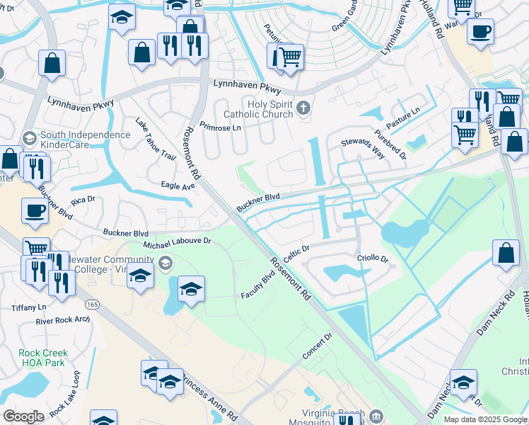 map of restaurants, bars, coffee shops, grocery stores, and more near 3573 Regret Lane in Virginia Beach