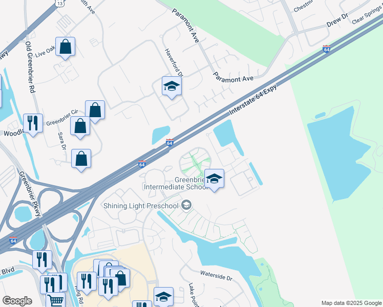 map of restaurants, bars, coffee shops, grocery stores, and more near 1945 Woodgate Arch in Chesapeake