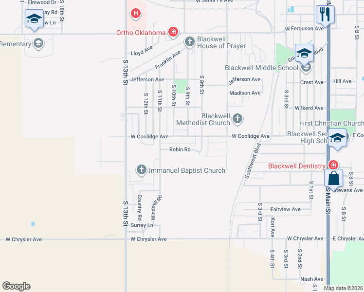 map of restaurants, bars, coffee shops, grocery stores, and more near 922 Robin Road in Blackwell