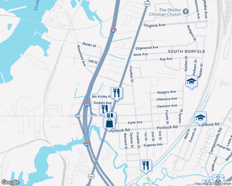 map of restaurants, bars, coffee shops, grocery stores, and more near 3606 Bainbridge Boulevard in Chesapeake