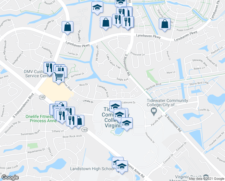 map of restaurants, bars, coffee shops, grocery stores, and more near 3547 Brigita Lane in Virginia Beach