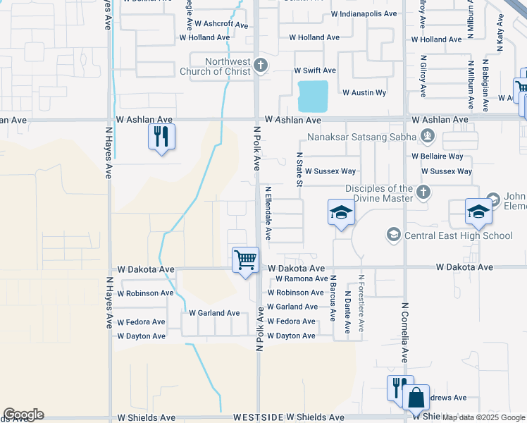 map of restaurants, bars, coffee shops, grocery stores, and more near 3669 N Ellendale Ave in Fresno