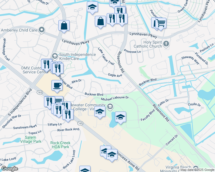 map of restaurants, bars, coffee shops, grocery stores, and more near 3543 Brigita Court in Virginia Beach