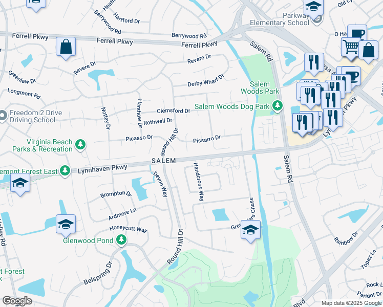 map of restaurants, bars, coffee shops, grocery stores, and more near 1508 Catesby Circle in Virginia Beach
