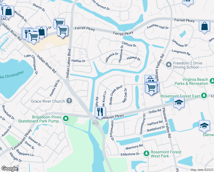 map of restaurants, bars, coffee shops, grocery stores, and more near 1648 Sweet Bay Lane in Virginia Beach