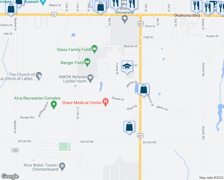 map of restaurants, bars, coffee shops, grocery stores, and more near 807 Sunset Drive in Alva
