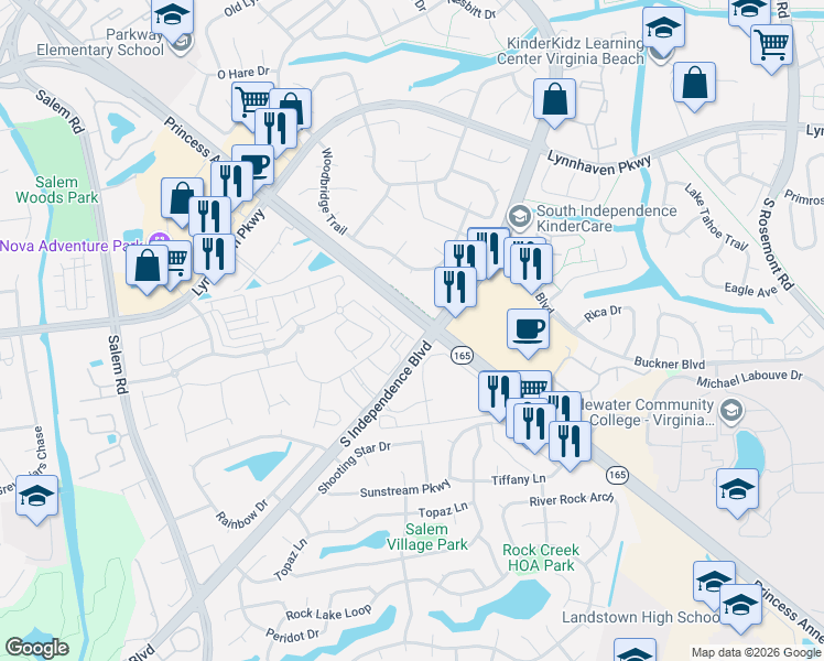 map of restaurants, bars, coffee shops, grocery stores, and more near 2077 South Independence Boulevard in Virginia Beach