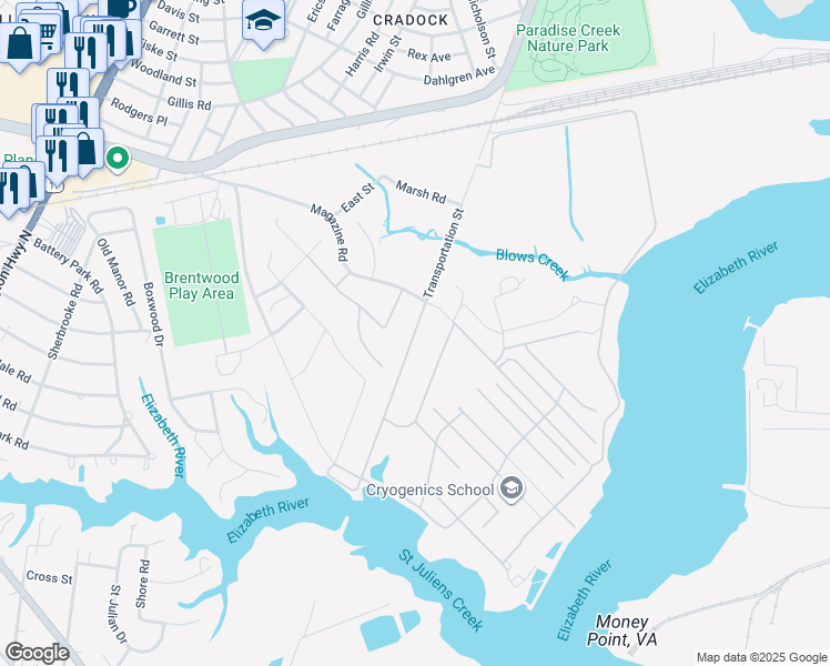 map of restaurants, bars, coffee shops, grocery stores, and more near Transportation Street in Chesapeake