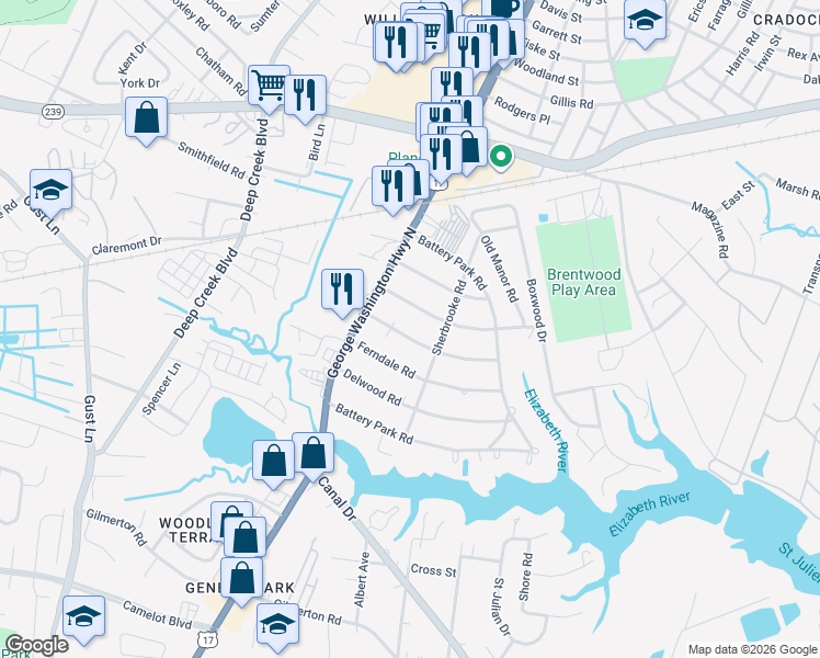 map of restaurants, bars, coffee shops, grocery stores, and more near 2312 Wildwood Road in Chesapeake