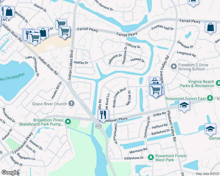 map of restaurants, bars, coffee shops, grocery stores, and more near 1648 Sweet Bay Lane in Virginia Beach
