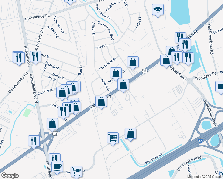 map of restaurants, bars, coffee shops, grocery stores, and more near 1775 South Military Highway in Chesapeake