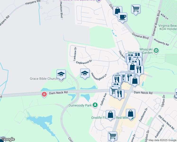 map of restaurants, bars, coffee shops, grocery stores, and more near 1580 Hummingbird Lane in Virginia Beach