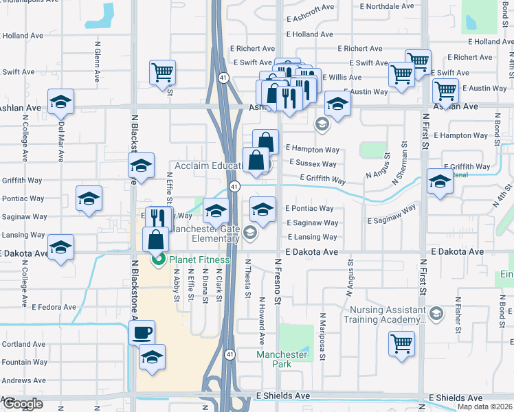 map of restaurants, bars, coffee shops, grocery stores, and more near 2420 East Pontiac Way in Fresno