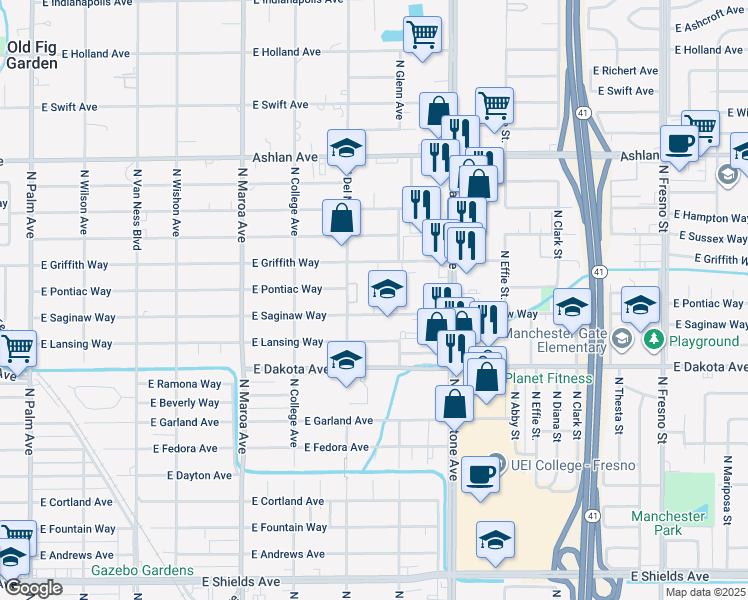 map of restaurants, bars, coffee shops, grocery stores, and more near 3950 North Del Mar Avenue in Fresno