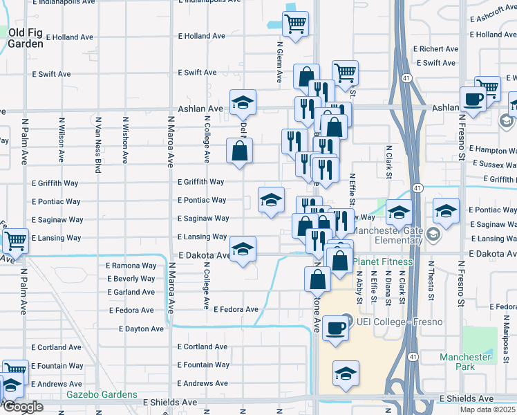 map of restaurants, bars, coffee shops, grocery stores, and more near 3950 North Del Mar Avenue in Fresno