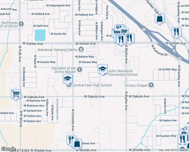 map of restaurants, bars, coffee shops, grocery stores, and more near 4648 West Saginaw Way in Fresno