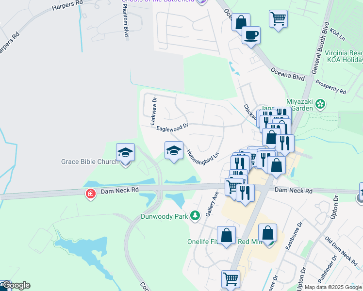 map of restaurants, bars, coffee shops, grocery stores, and more near 1580 Hummingbird Lane in Virginia Beach
