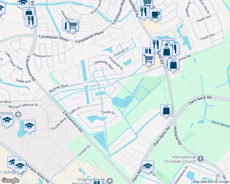 map of restaurants, bars, coffee shops, grocery stores, and more near 3545 Storm Bird Loop in Virginia Beach